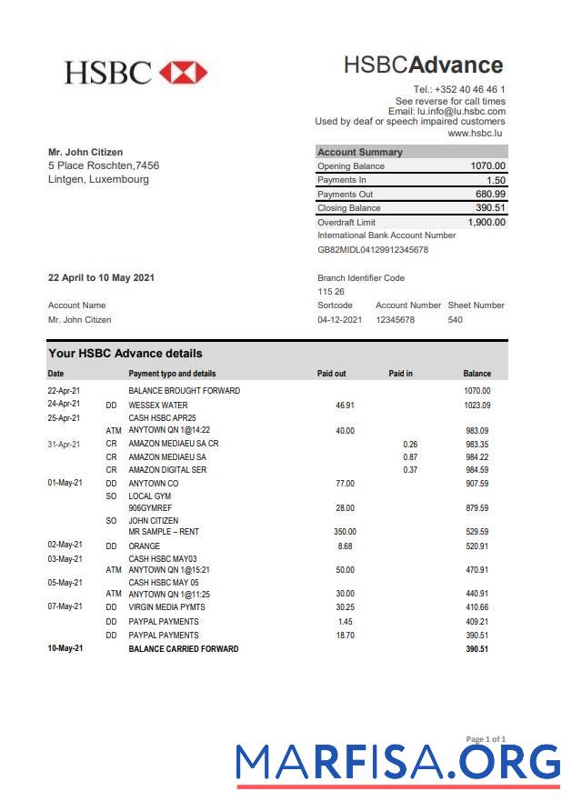 Realistic Luxembourg HSBC bank statement excel example